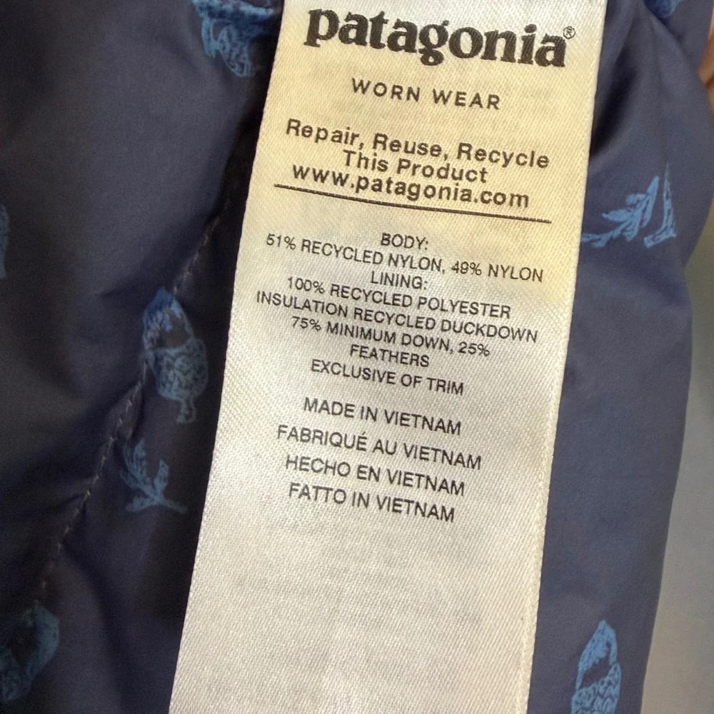 Patagonia Bivy Hooded Down Vest Women's Large Brown Blue Puffer Canvas